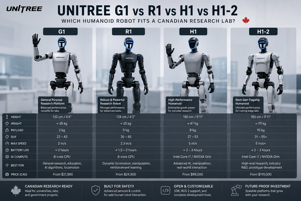Unitree G1 vs H1 vs R1 vs H1-2: Which Humanoid Robot Fits a Canadian Research Lab?