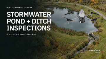 Stormwater Pond + Ditch Inspections headline over an AI-generated fictional pond and drainage channel, with an authentic DJI Matrice 4E promotional photo