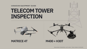 Telecom Tower Inspection equipment guide cover with real DJI Matrice 4T, Matrice 400 and separate H30T product images beside a schematic tower.
