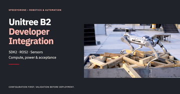 Genuine Unitree B2 crossing timber obstacles beside the title Unitree B2 Developer Integration and SDK2, ROS2 and sensors subtitle