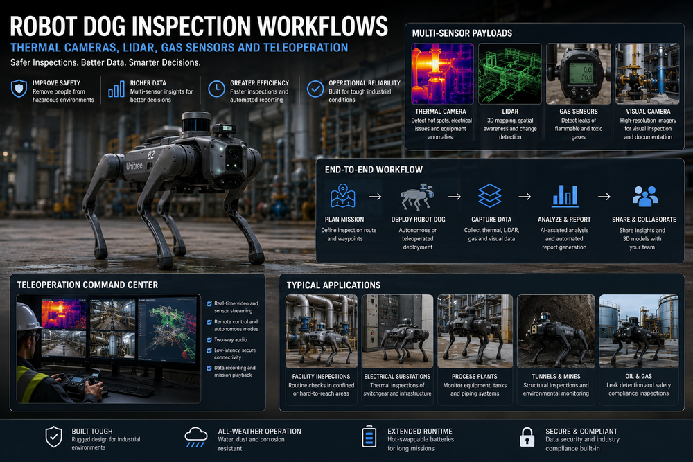 Robot Dog Inspection Workflows: Thermal Cameras, LiDAR, Gas Sensors and Teleoperation