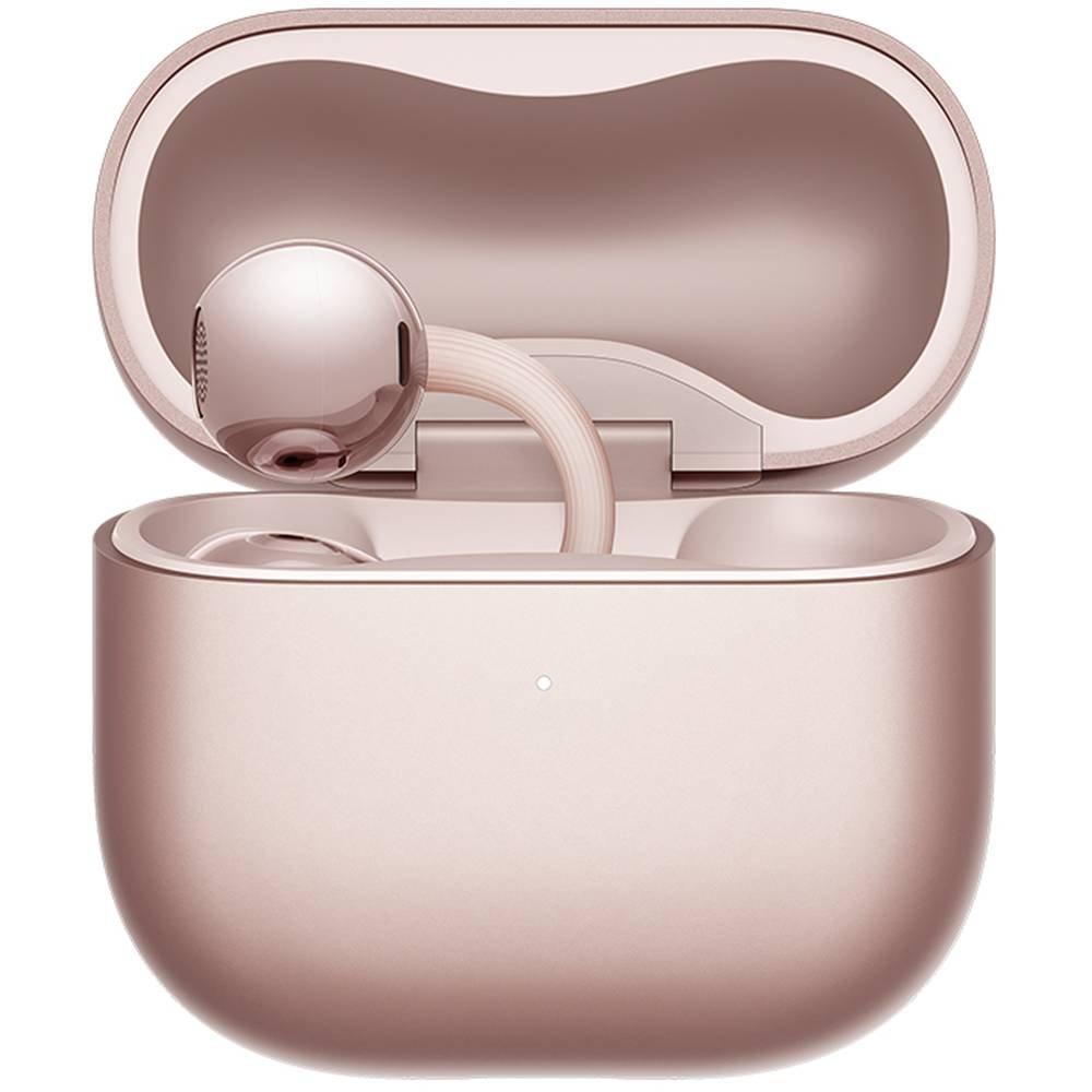 Close-up of a HUAWEI FreeClip 2 Rose Gold earbud resting in the open charging case