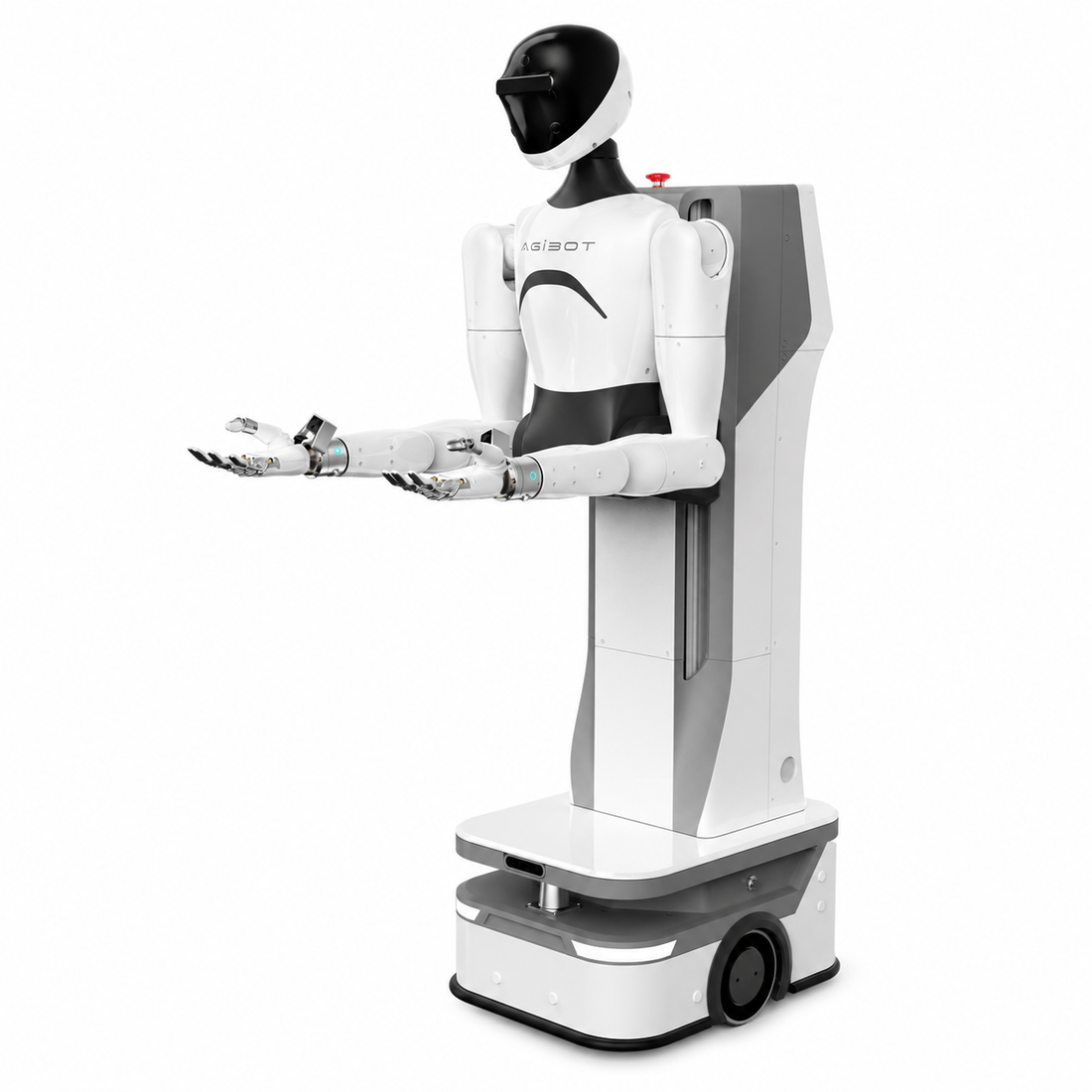 AGIBOT G1 wheeled humanoid robot with white torso and arms extended forward, on white background.