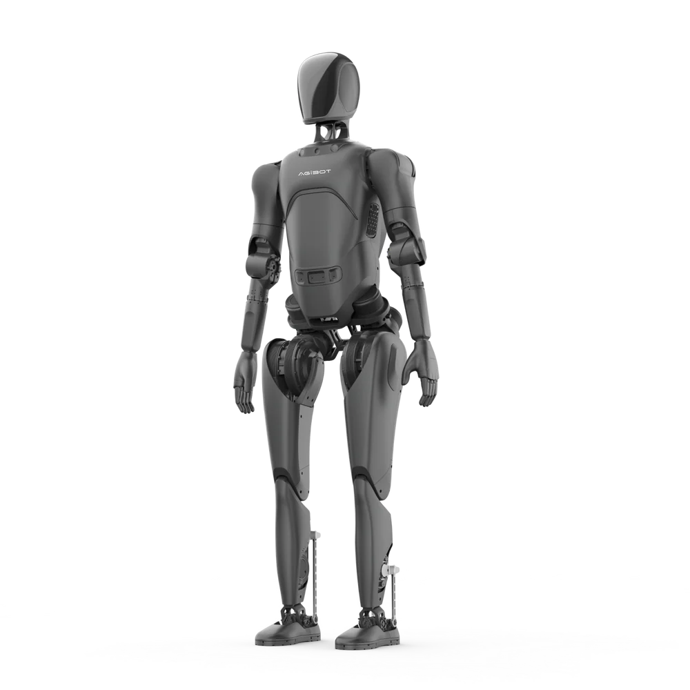 Agibot A2 Lite humanoid robot, front-side view on black and white background.