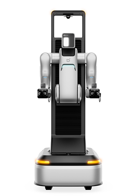 AGIBOT A2-W dual-arm wheeled robot, front view, white robotic arms on a tall black frame with mobile base.