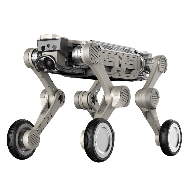 AGIBOT D1 Max wheel-legged quadruped robot in side profile, beige chassis with four wheeled legs.