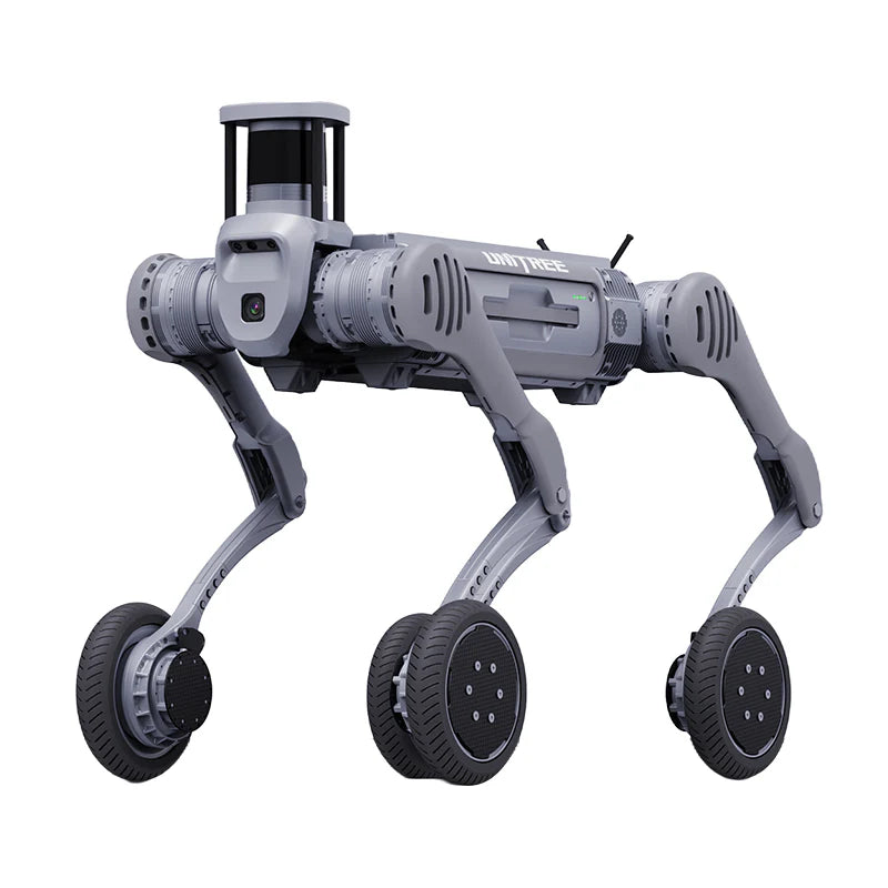 Unitree B2-W wheeled quadruped robot in gray, side view on white background.