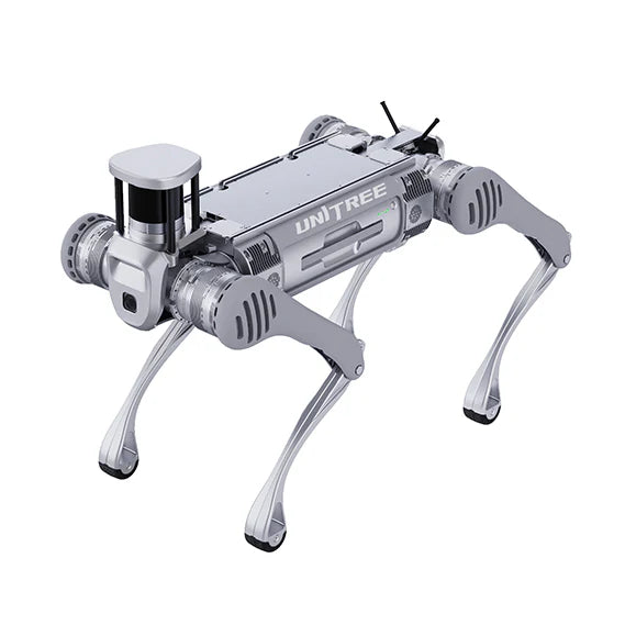 Unitree B2 quadruped robot with LiDAR, three-quarter front view on white background.