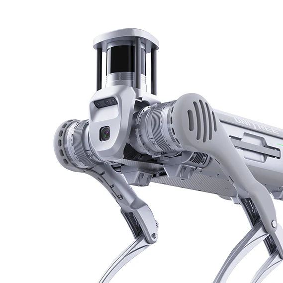Front close-up of the Unitree B2 head and LiDAR sensor.