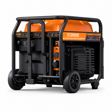 Orange and black DJI D12000iE multifunctional inverter generator with wheels and pull handle, on white background.