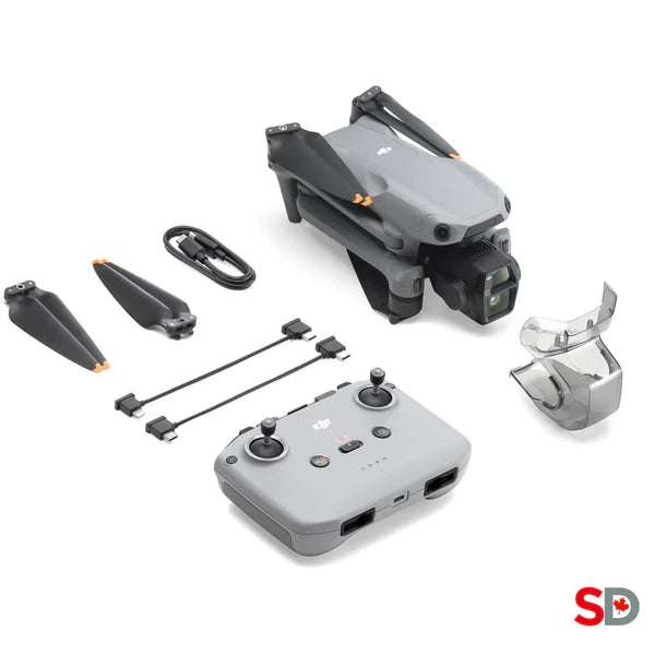 DJI Air 3S RC-N3 kit with folded drone, remote controller, cables and accessories