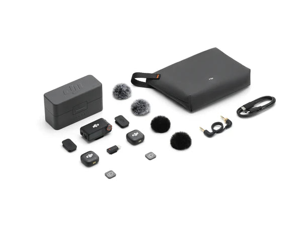 DJI Mic 3 two-transmitter kit with receiver, charging case, windscreens and cables