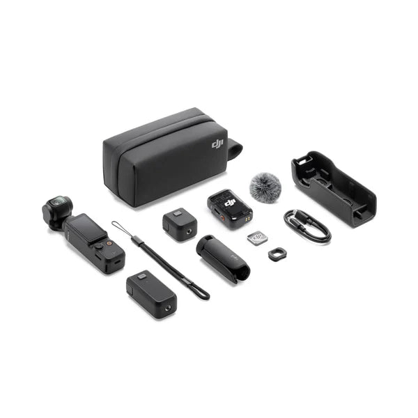 DJI Osmo Pocket 3 Creator Combo camera, microphone, battery handle, tripod and bag