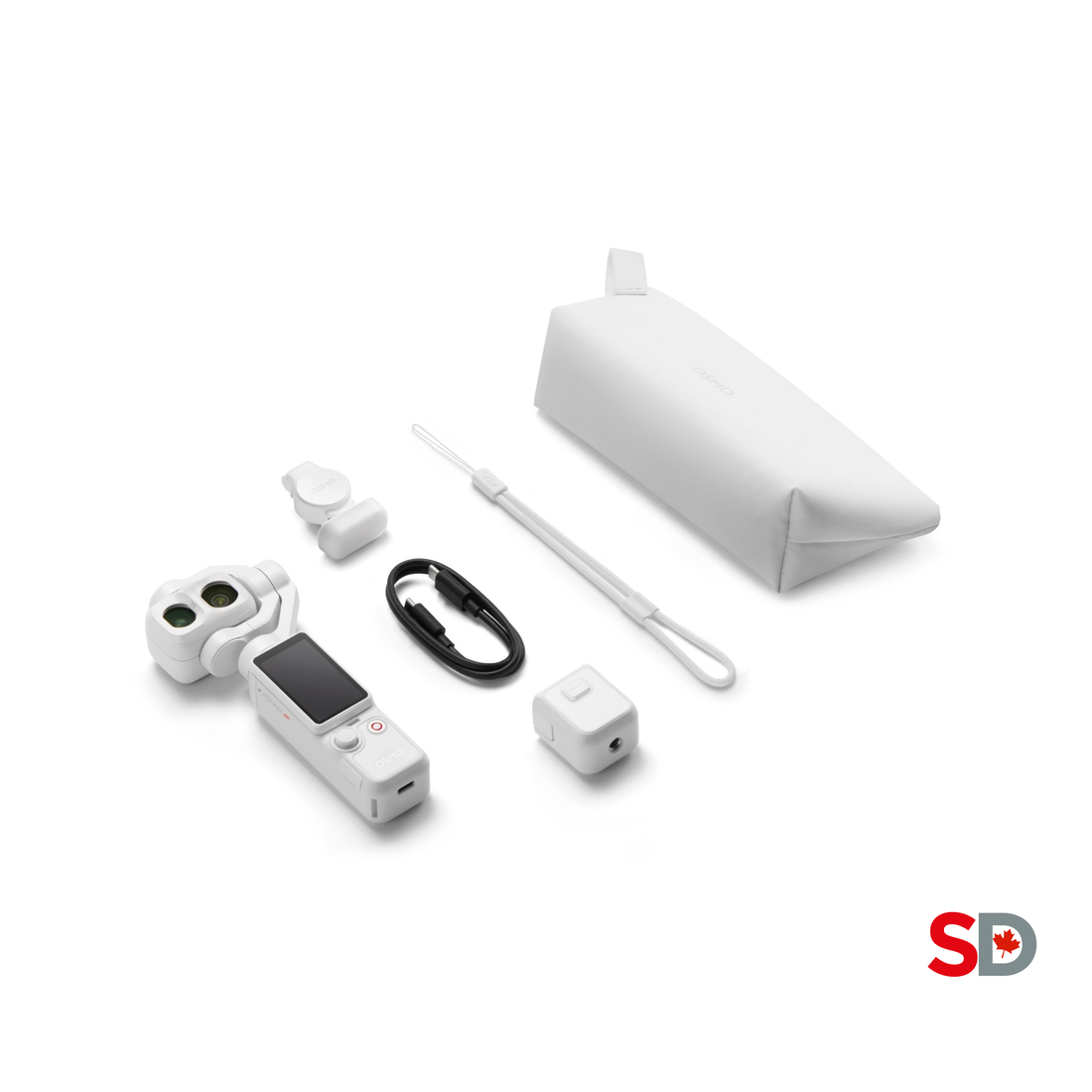 Flat lay of the white Osmo Pocket 4P camera with fill light, wrist strap, mini tripod, USB cable and white carrying pouch