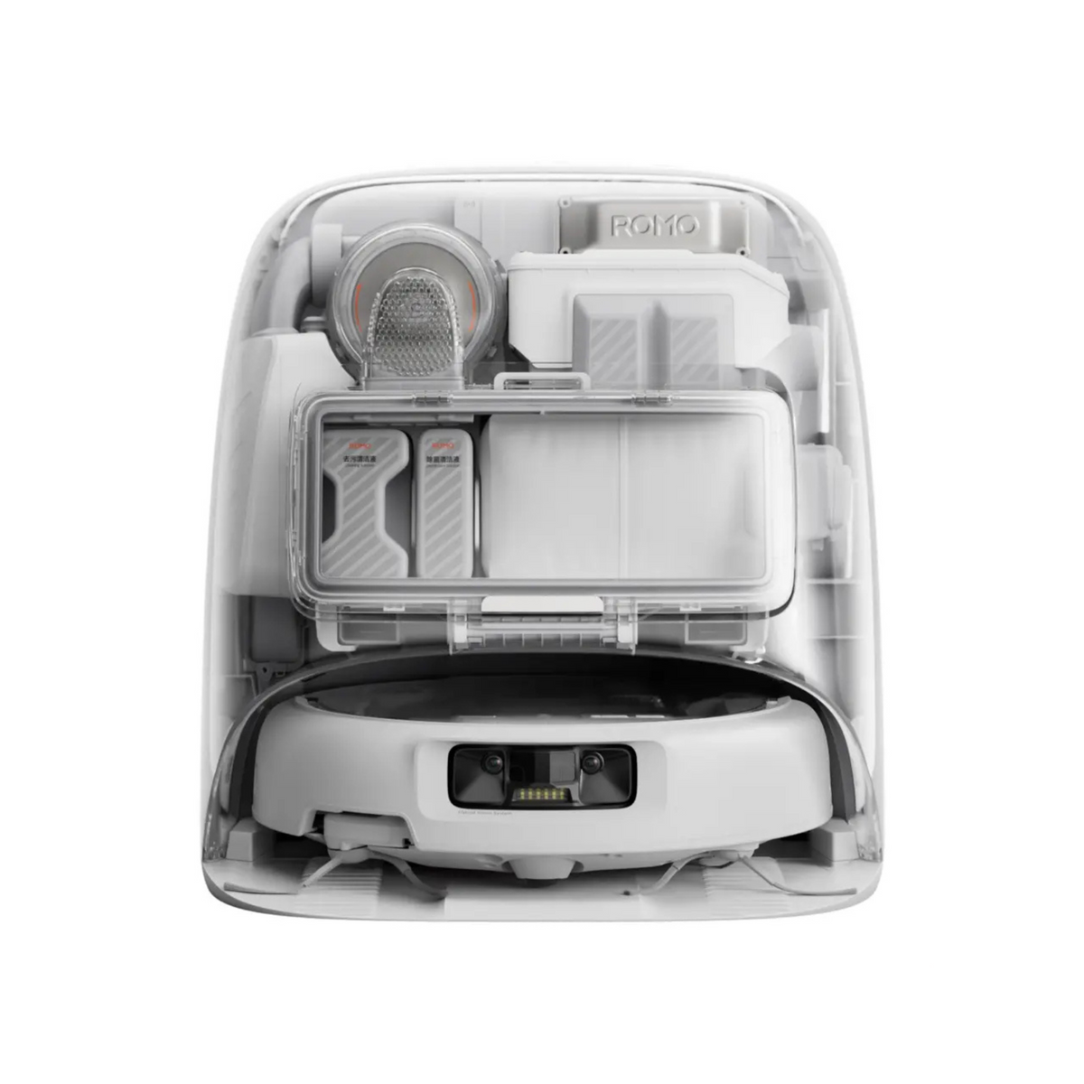 Transparent DJI ROMO P base station with robot on white background.