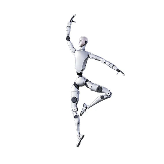 Unitree H2 EDU humanoid robot in a dance pose, on white background.