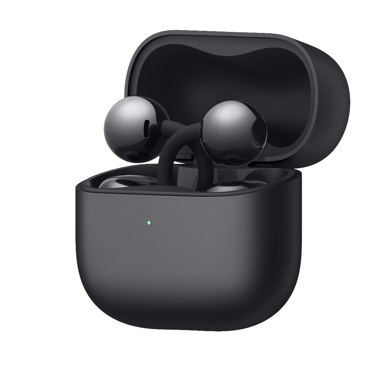 HUAWEI FreeClip 2 Black earbuds inside the open charging case, angled view