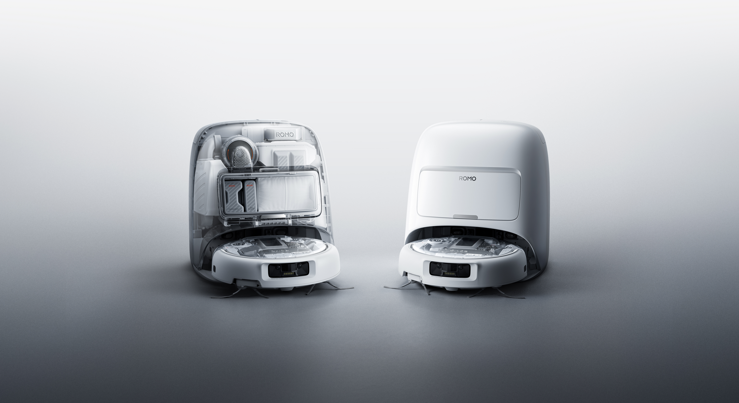 DJI ROMO Collection featuring ROMO P, ROMO A, and ROMO S robot vacuums with self-cleaning base stations