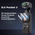 HD tempered-glass screen protector shown on a DJI Pocket 3, with drop-proof and scratch-resistant callouts.