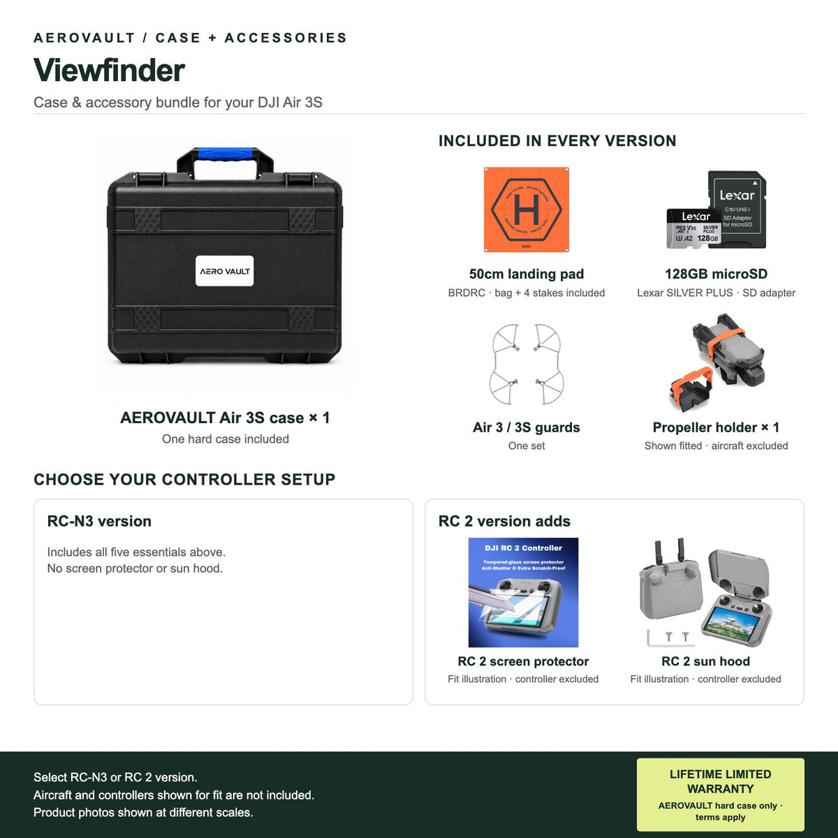 AEROVAULT Viewfinder Air 3S accessory bundle: hard case, 50cm pad, 128GB card, propeller guards and holder. RC 2 version adds screen protector and sun hood; aircraft and controller excluded.