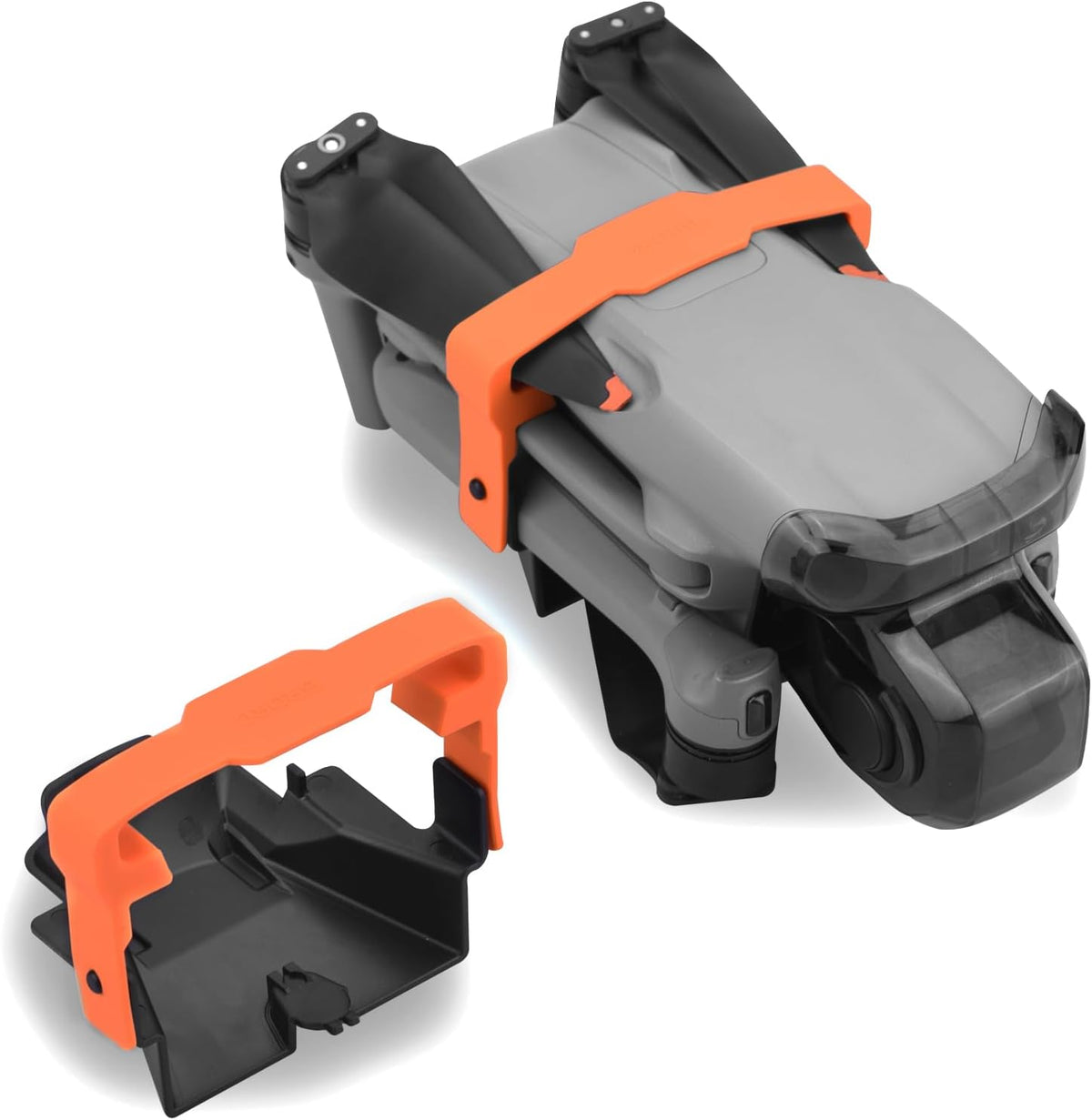 Orange propeller holder for DJI Air 3 and Air 3S, shown separately and installed; aircraft not included.