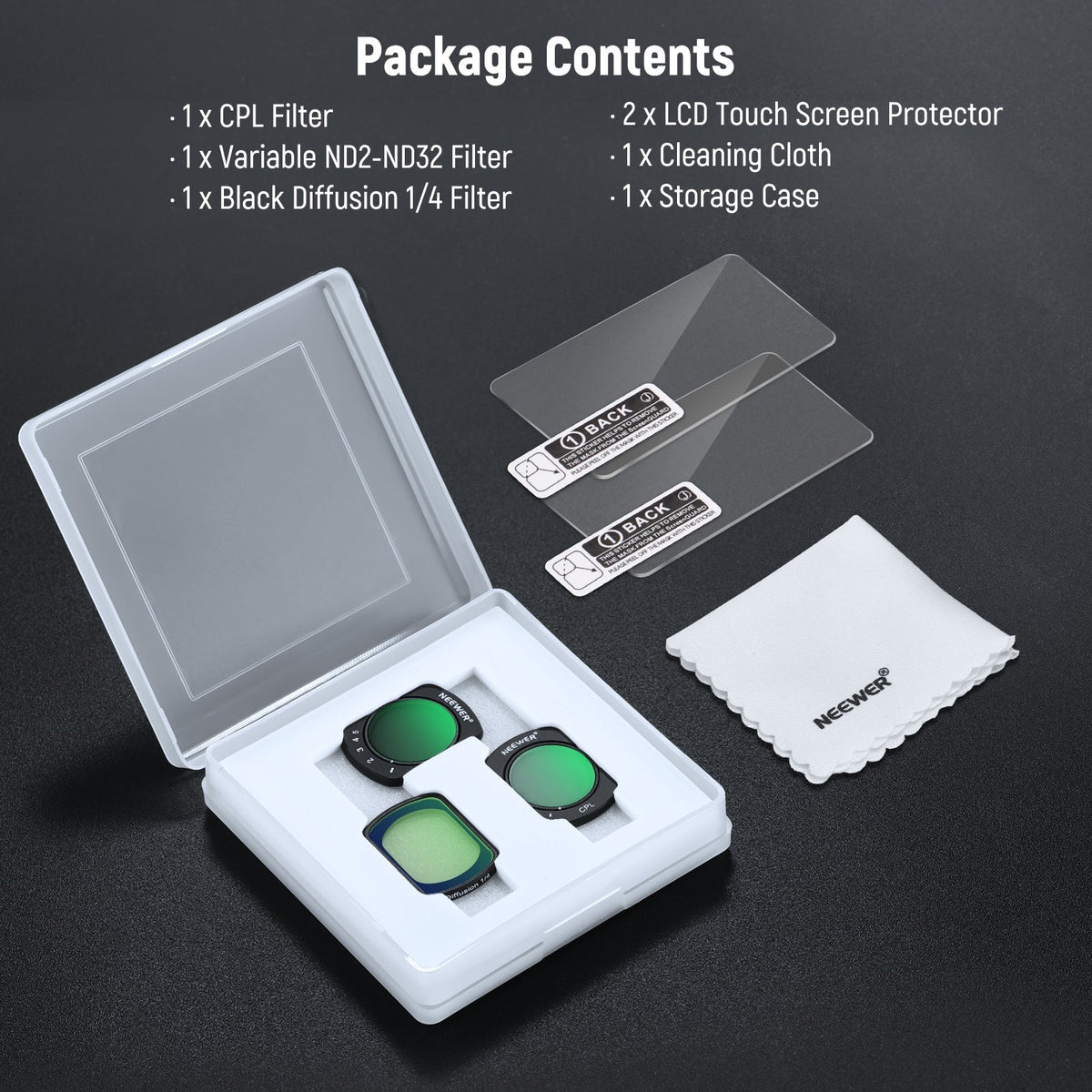 NEEWER Pocket 3/4 filter kit with three filters, two screen protectors, cloth and storage case; Pocket 3/4 version only.