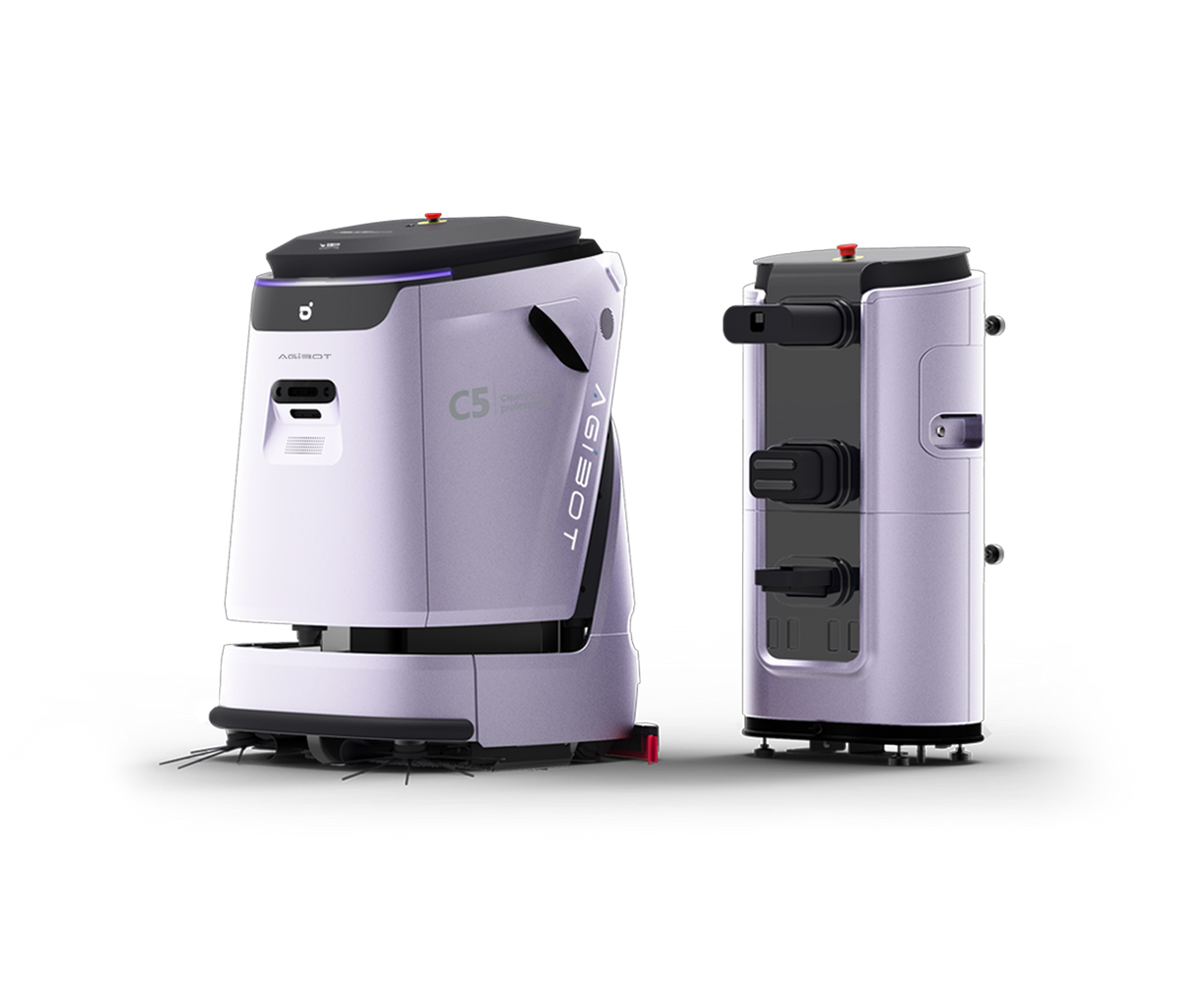 Agibot C5 mobile robot, front-side and side views on black background.