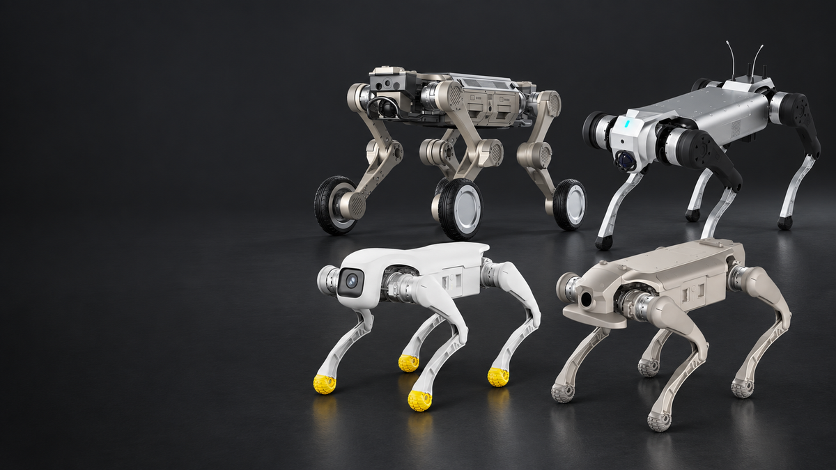 Composite of four AGIBOT D1 quadruped robots: D1 Max, D1 MaxPro, D1 Pro / Edu and D1 Ultra on a dark studio background.