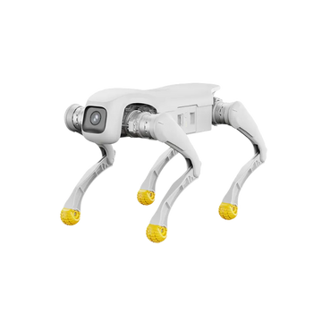 Agibot D1 Pro four-legged robot with camera, on black background.