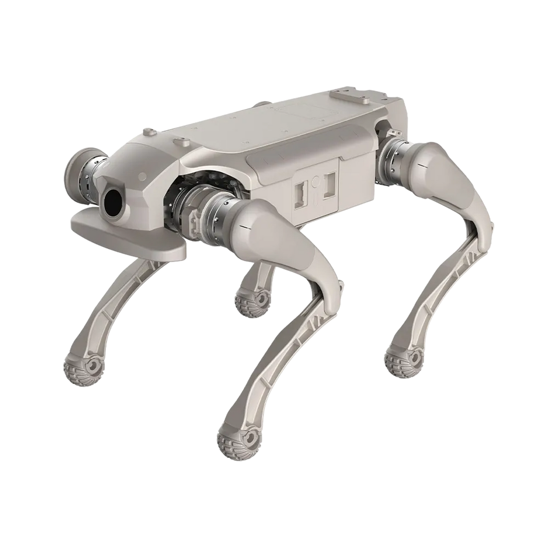 Gray AGIBOT D1 Ultra industrial quadruped robot, three-quarter front view on black background.