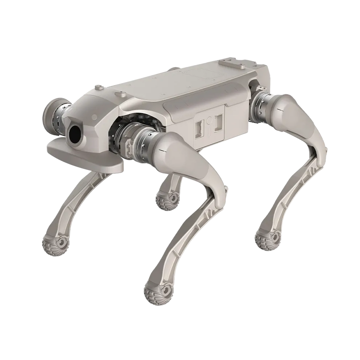 Gray AGIBOT D1 Ultra industrial quadruped robot, three-quarter front view on black background.