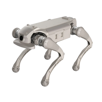Gray AGIBOT D1 Ultra industrial quadruped robot, three-quarter front view on black background.