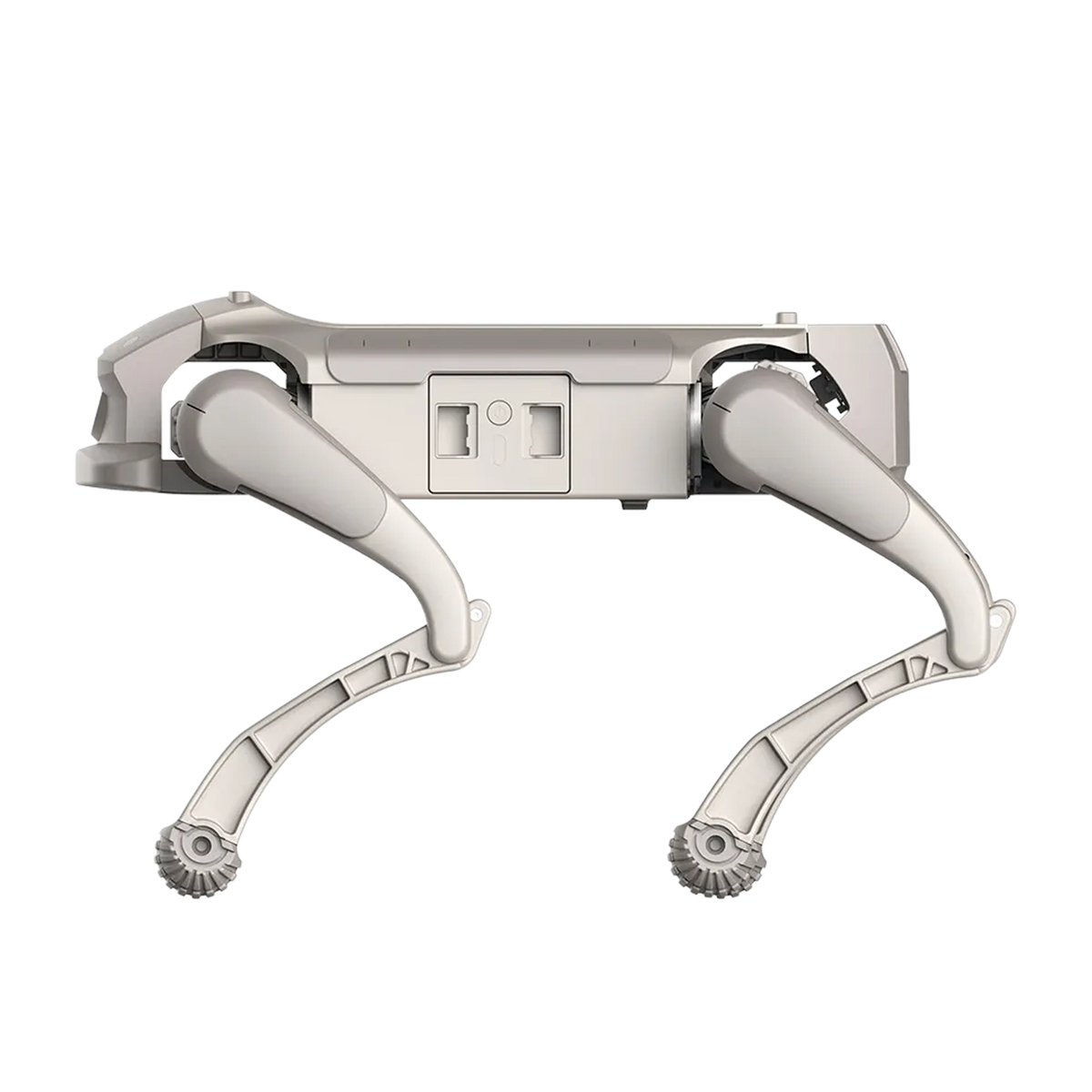 Side profile of the gray AGIBOT D1 Ultra quadruped robot showing articulated leg joints, on black background.