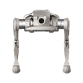 Front view of the AGIBOT D1 Ultra quadruped robot head unit with circular sensor, legs extended.