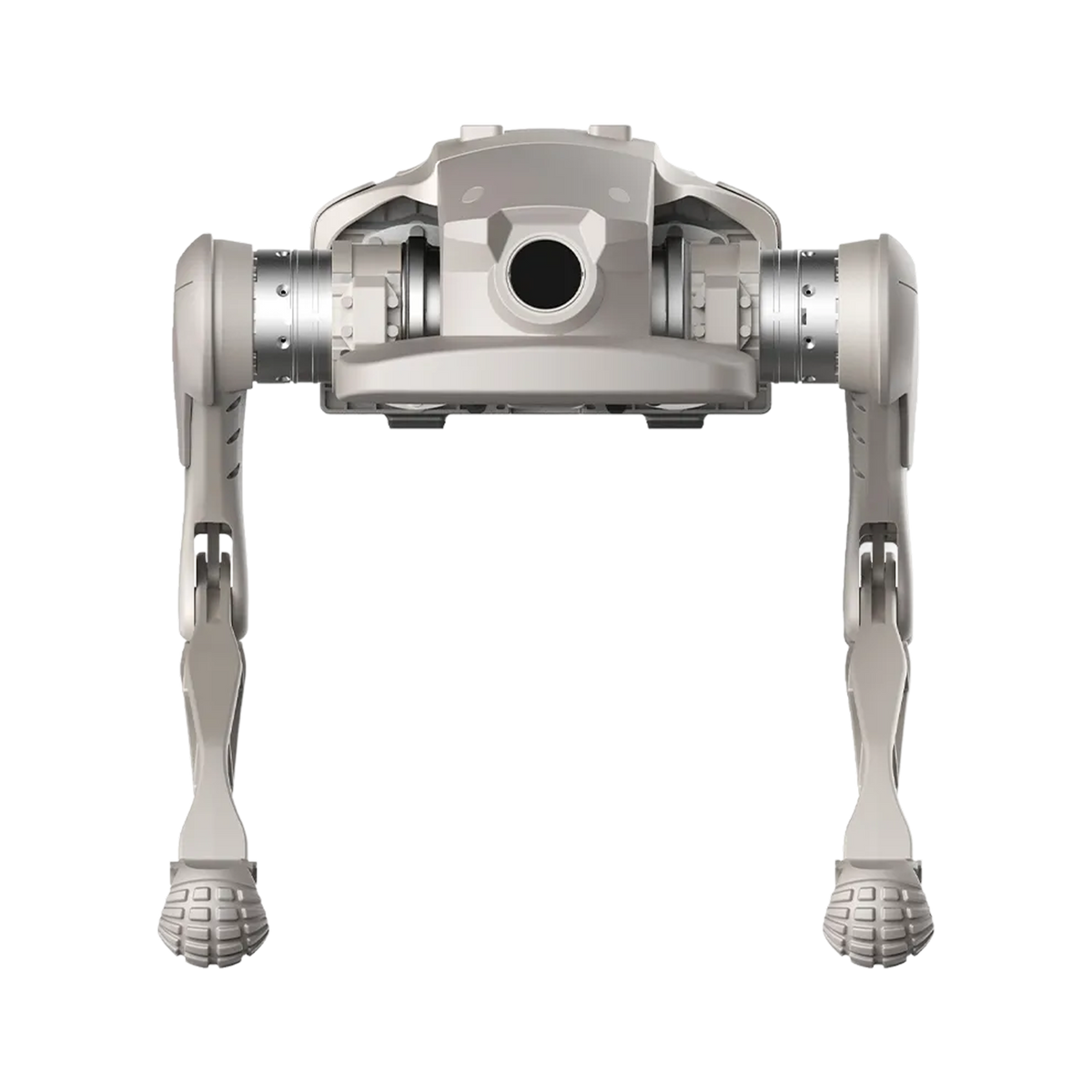 Front view of the AGIBOT D1 Ultra quadruped robot head unit with circular sensor, legs extended.