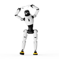 AGIBOT X2 Ultra humanoid robot with arms raised overhead in an arc on studio background.