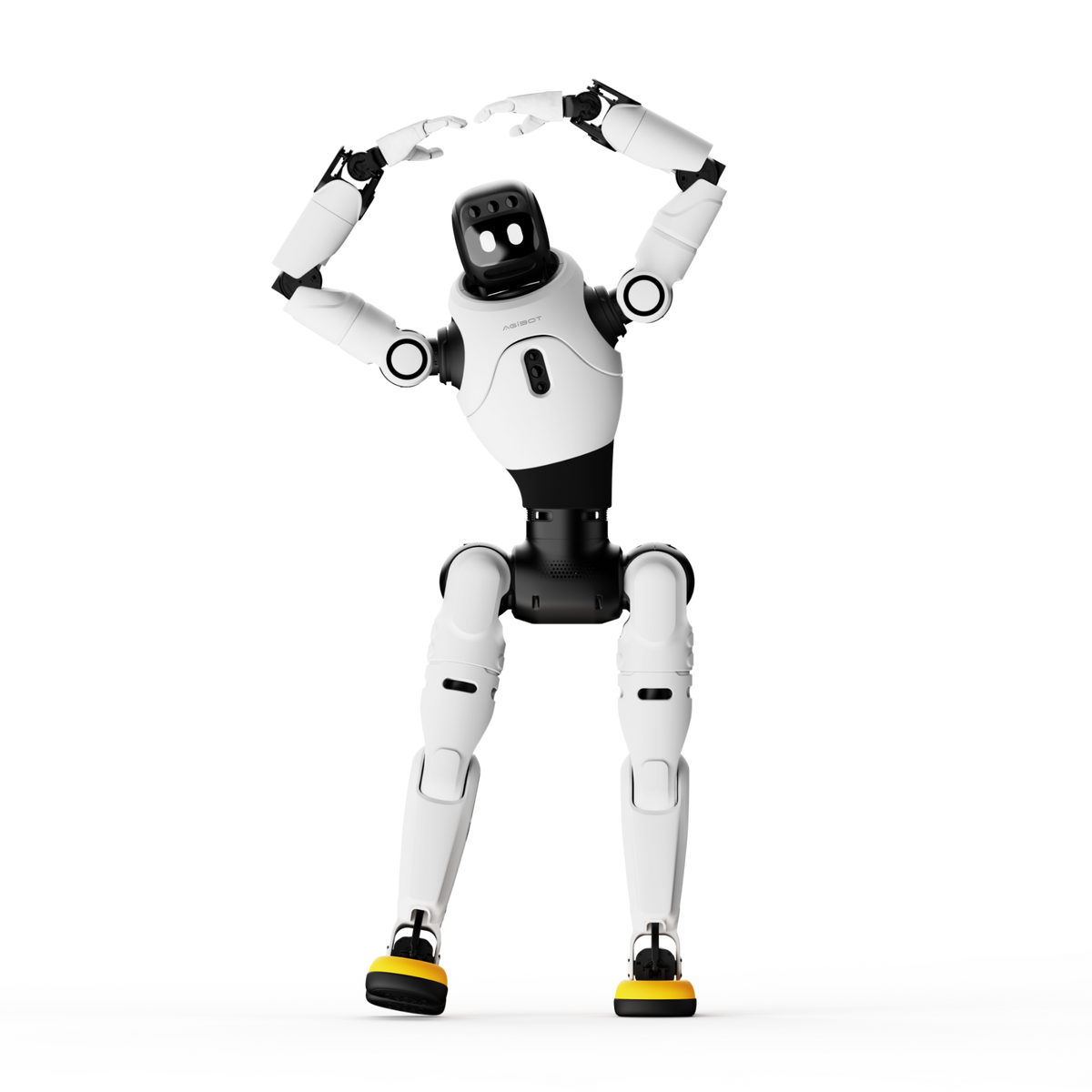 AGIBOT X2 Ultra humanoid robot with arms raised overhead in an arc on studio background.