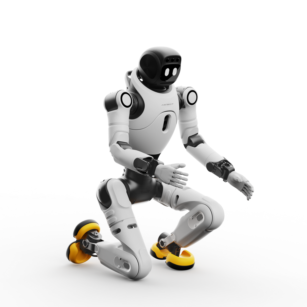 AGIBOT X2 Ultra humanoid robot crouching on one knee on studio background.