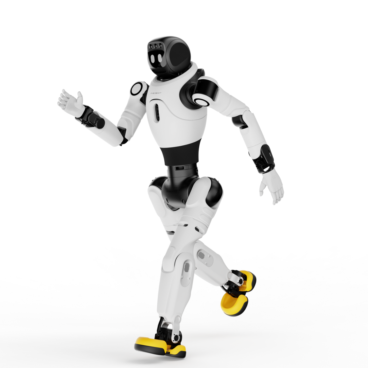 AGIBOT X2 Ultra humanoid robot mid-stride in running pose on studio background.