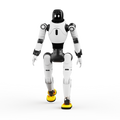 AGIBOT X2 Ultra humanoid robot in white and black with yellow feet, walking pose front view on studio background.