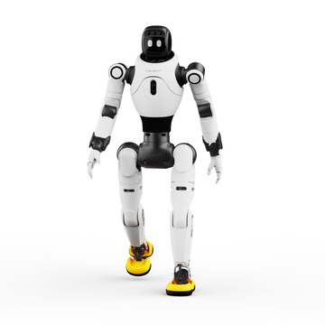 AGIBOT X2 Ultra humanoid robot in white and black with yellow feet, walking pose front view on studio background.