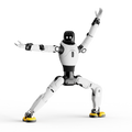 AGIBOT X2 Ultra humanoid robot in wide stance with arms raised on studio background.