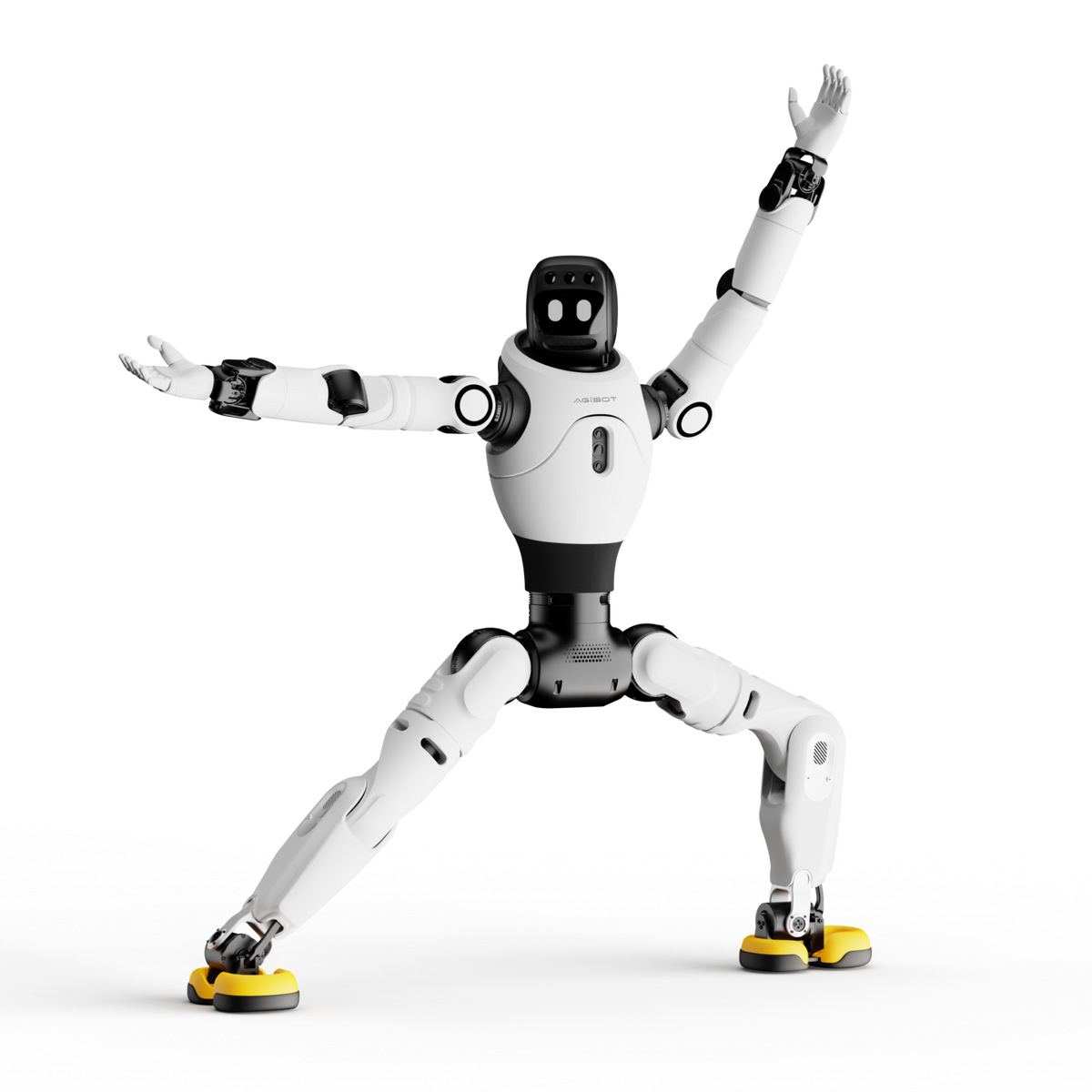 AGIBOT X2 Ultra humanoid robot in wide stance with arms raised on studio background.