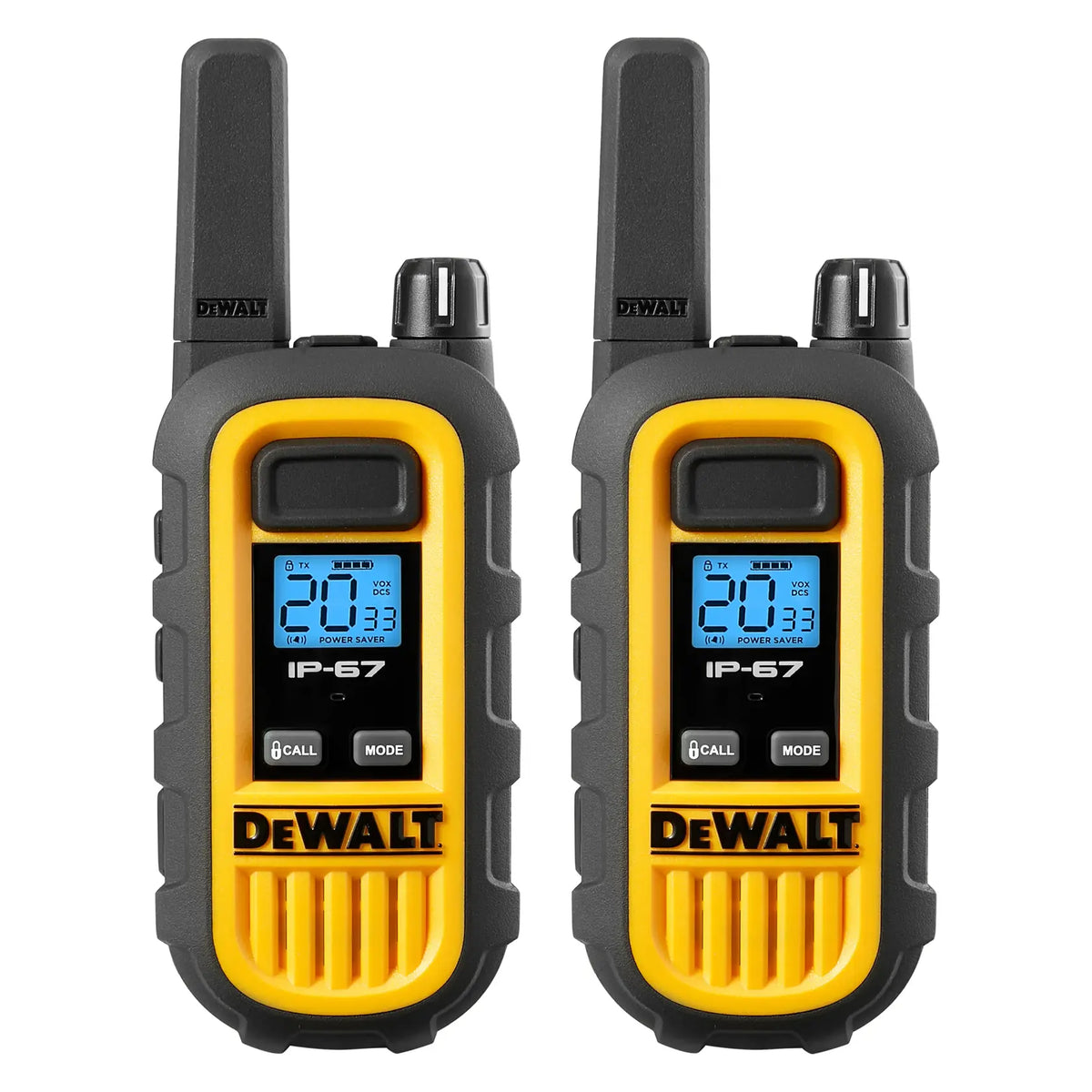 Front view of two yellow and black DeWalt DXFRS300 handheld two-way radios