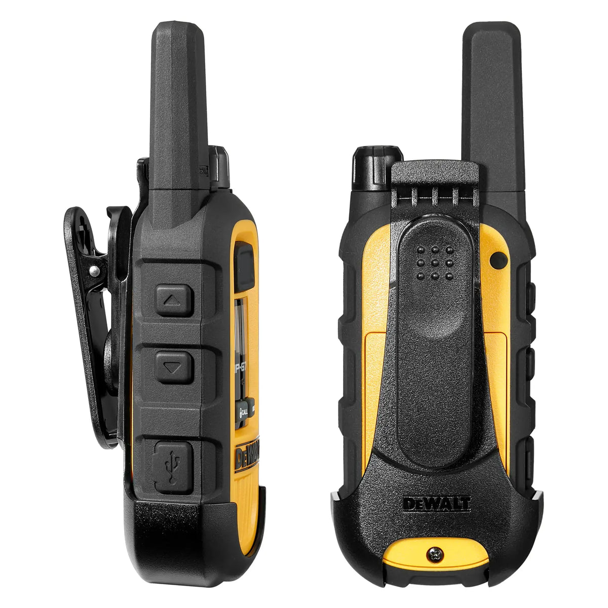 Side and rear views of two DeWalt DXFRS300 radios showing the belt clip