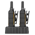 Side view of two DeWalt DXFRS300 radios seated in a dual charging dock