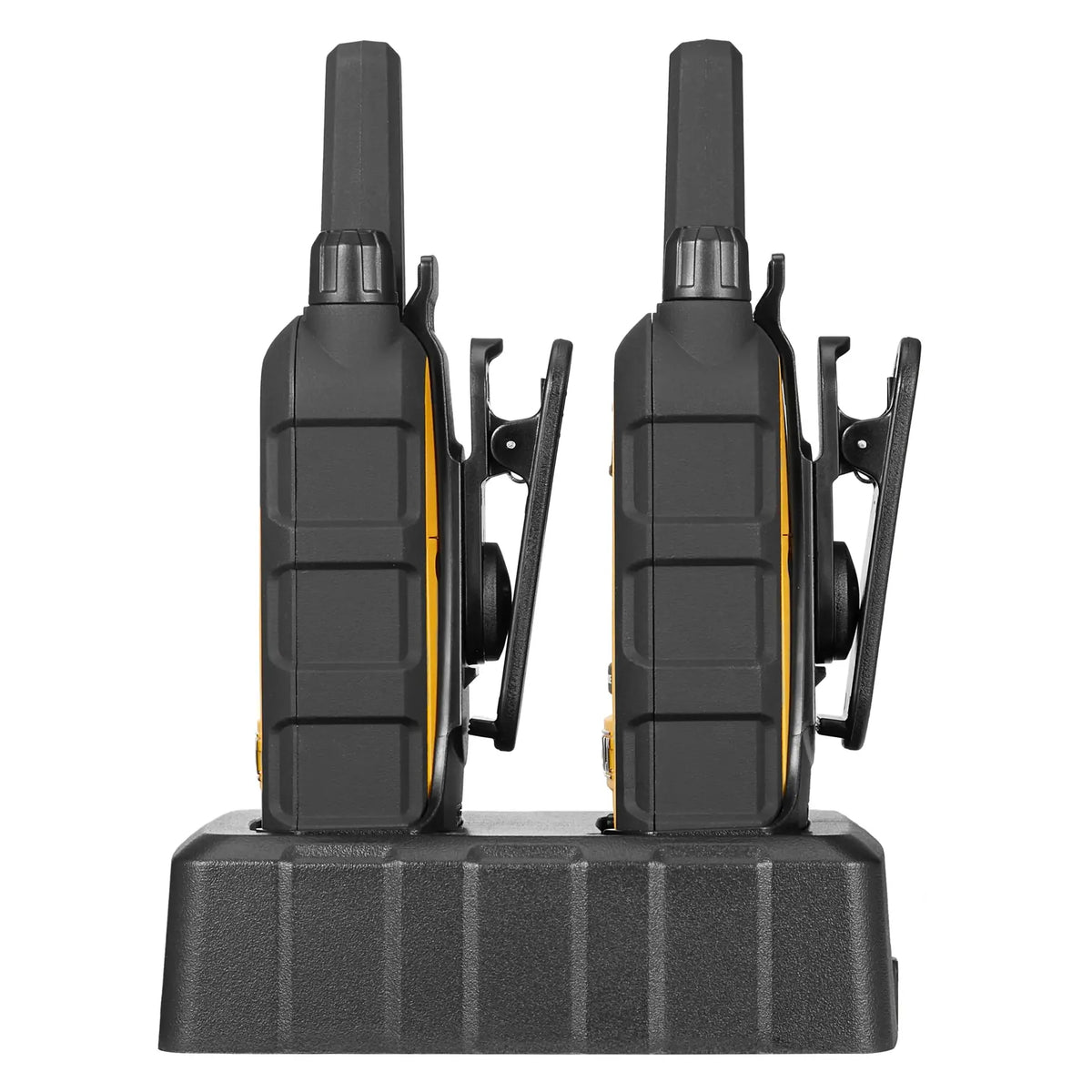 Side view of two DeWalt DXFRS300 radios seated in a dual charging dock