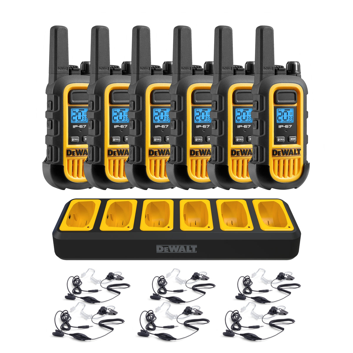 Six DeWalt DXFRS300 radios with a six-port charger and six surveillance headsets