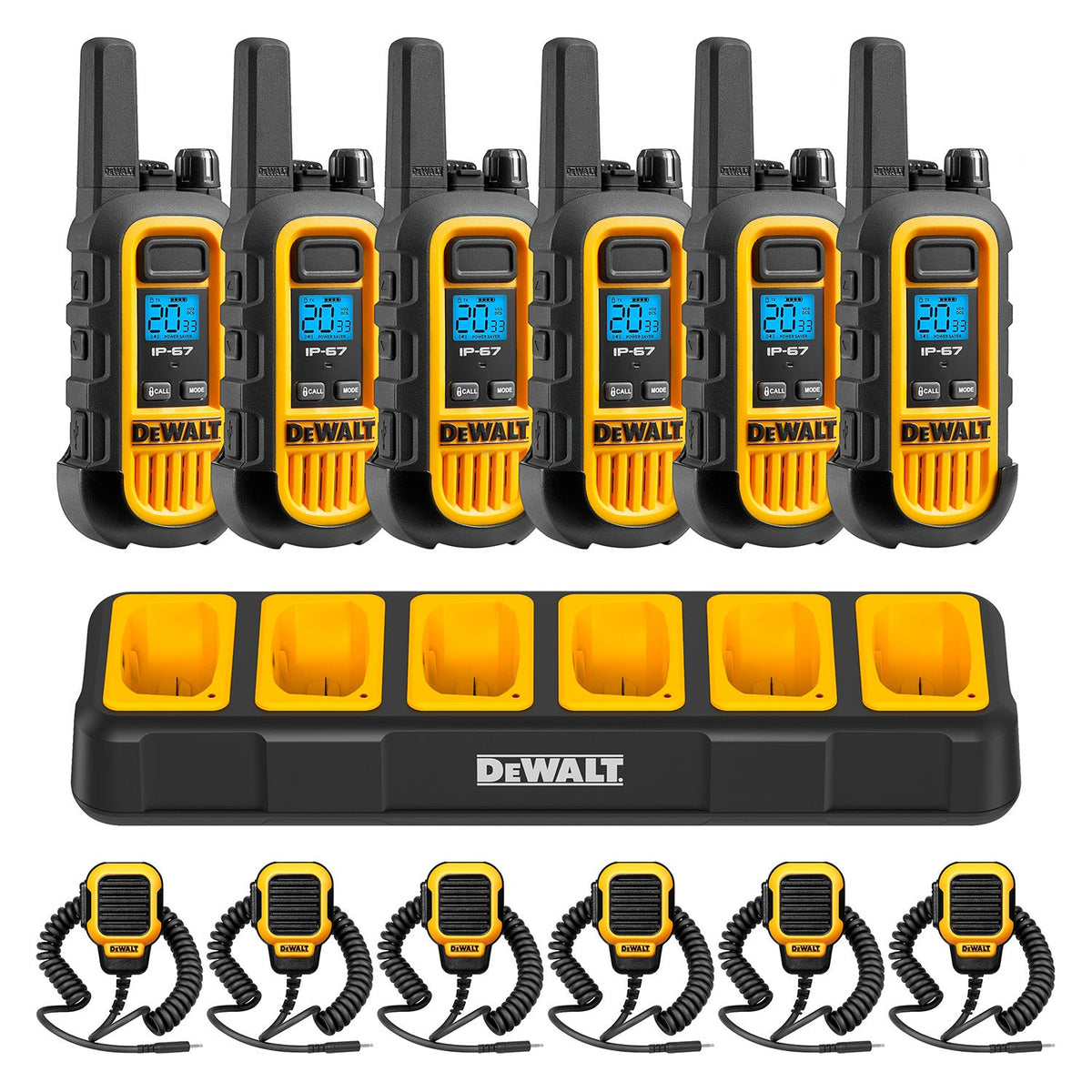 Six DeWalt DXFRS300 radios with a six-port charger and six remote speaker microphones