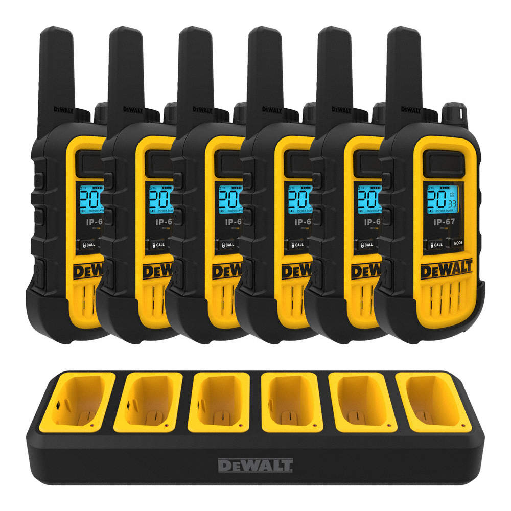 Six DeWalt DXFRS300 two-way radios and one six-port charging dock